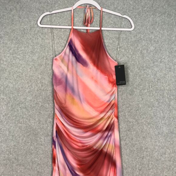 Caution To The Wind Dress Womens Small Pink Midi Halter Ruched Bodycon Mesh - Picture 2 of 10